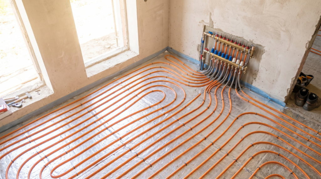 plancher-chauffant-pompe-a-chaleur-basse-temperature Plancher chauffant hydraulique en cours de pose, idéal pour une pompe à chaleur basse température