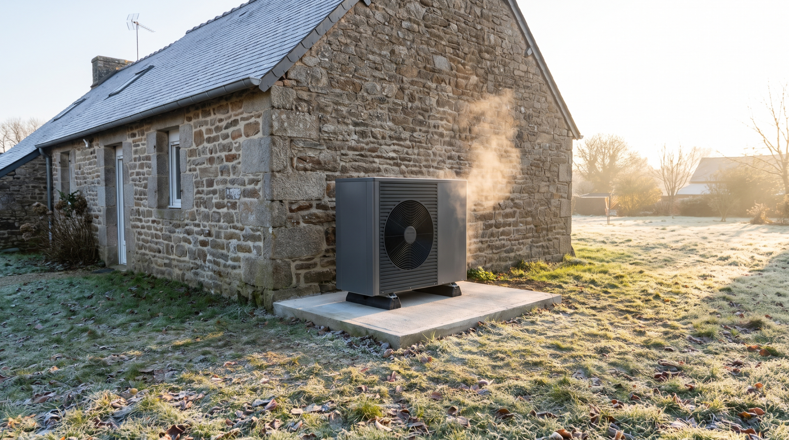 Unité extérieure de pompe à chaleur air/eau installée près d'une maison en pierre en Ille-et-Vilaine
