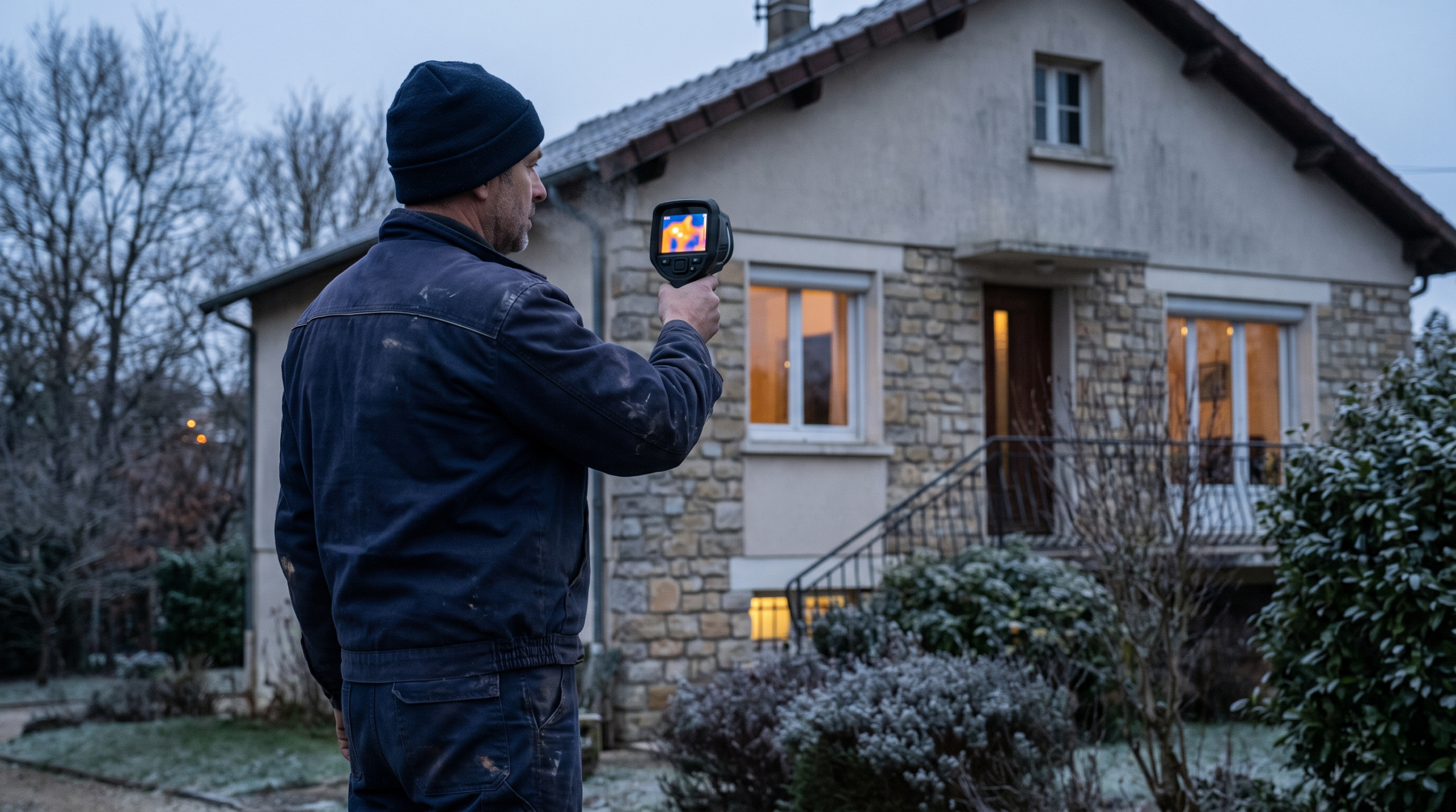 Chauffagiste mesurant les déperditions thermiques d'une maison avec une caméra thermique
