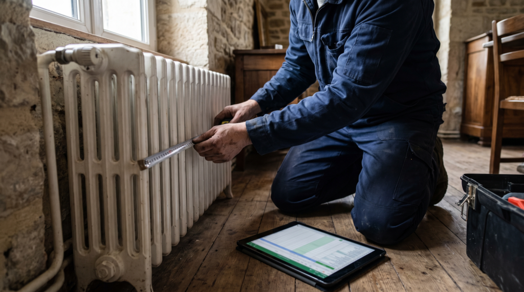 dimensionnement-radiateur-pac-rennes Chauffagiste mesurant un radiateur pour vérifier son dimensionnement avec une pompe à chaleur