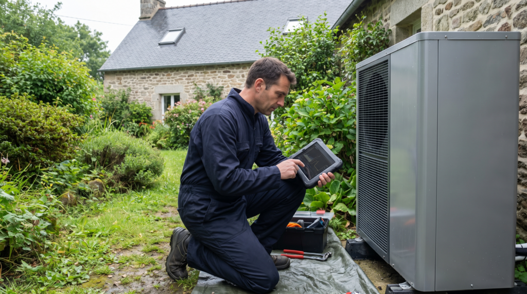 installation-pompe-a-chaleur-rennes-technicien Technicien Génie Plomberie contrôlant une pompe à chaleur air/eau près de Rennes