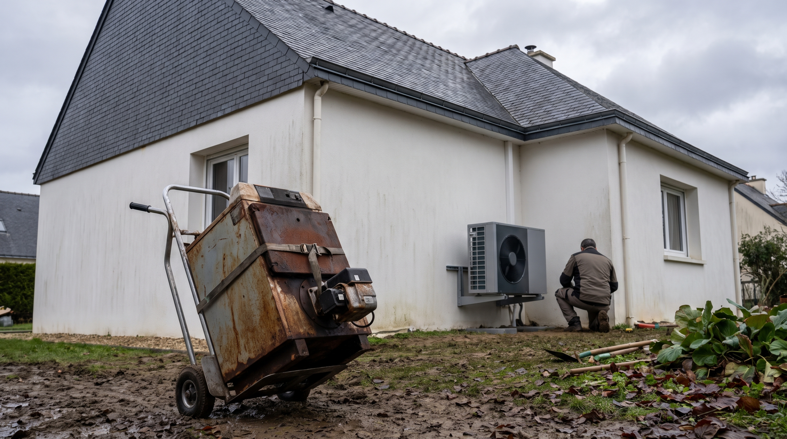 Ancienne chaudière fioul déposée sur un diable devant une maison près de Rennes où une pompe à chaleur air/eau vient d'être installée