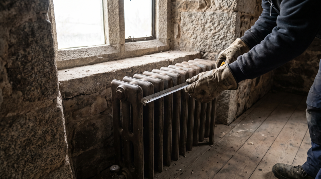 releve-radiateur-fonte-maison-ancienne Mains d’un chauffagiste mesurant un ancien radiateur en fonte sous la fenêtre d’une maison en pierre