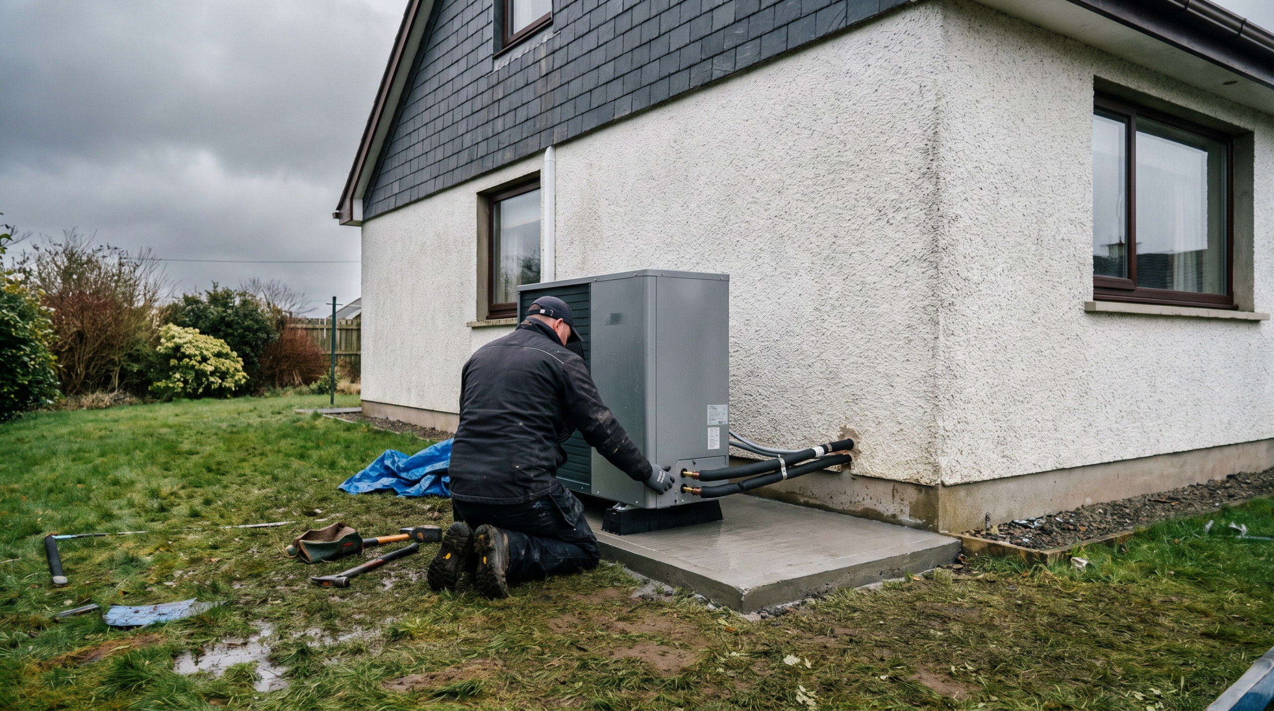 Chauffagiste de dos installant l'unité extérieure d'une pompe à chaleur air/eau devant un pavillon breton