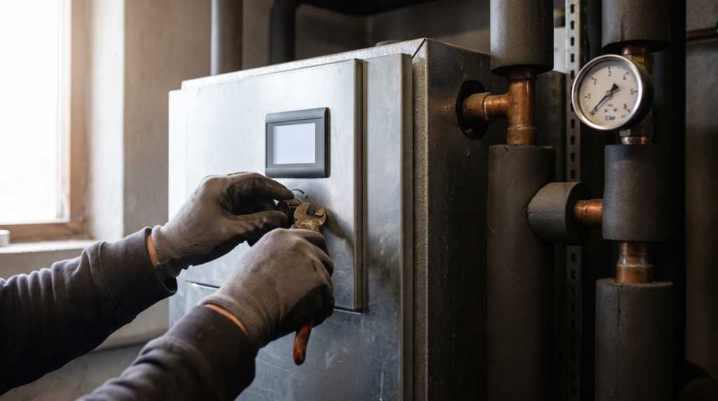 Mains d’un chauffagiste réglant la régulation du module hydraulique intérieur d’une pompe à chaleur air/eau