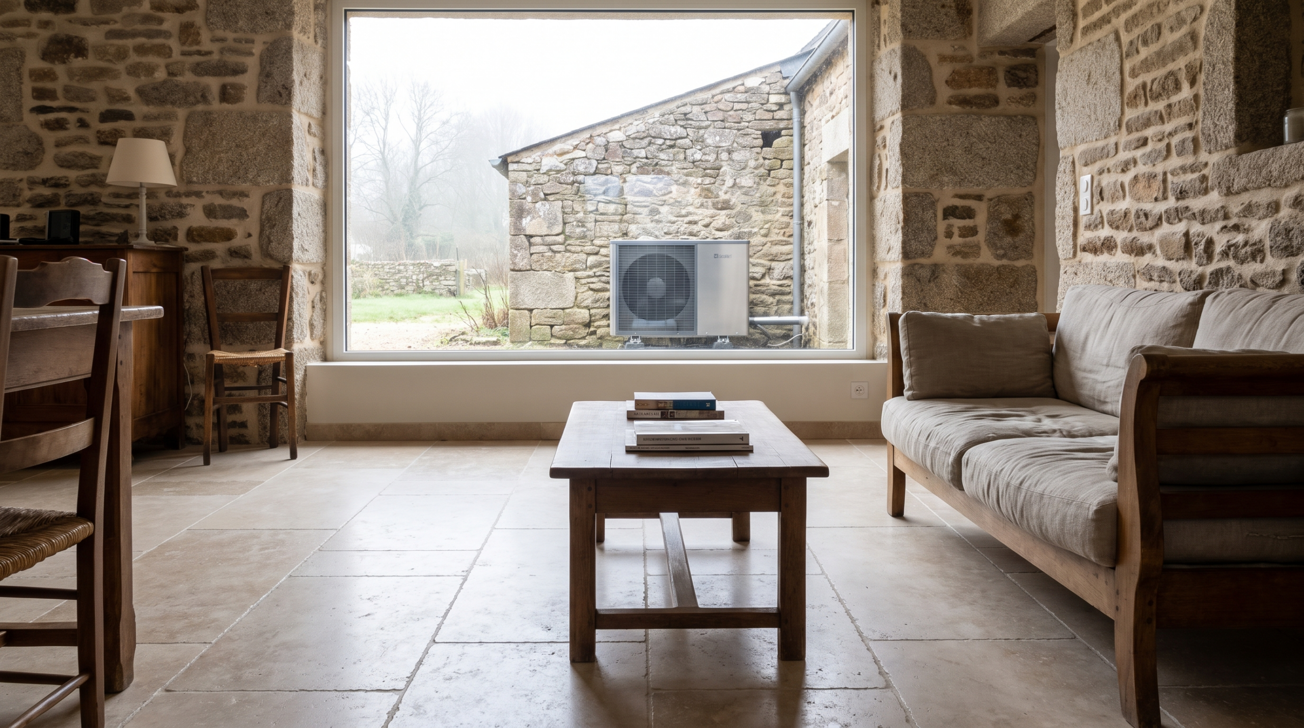 Salon au sol carrelé chauffé par un plancher chauffant dans une maison en pierre bretonne, unité extérieure de pompe à chaleur visible par la fenêtre