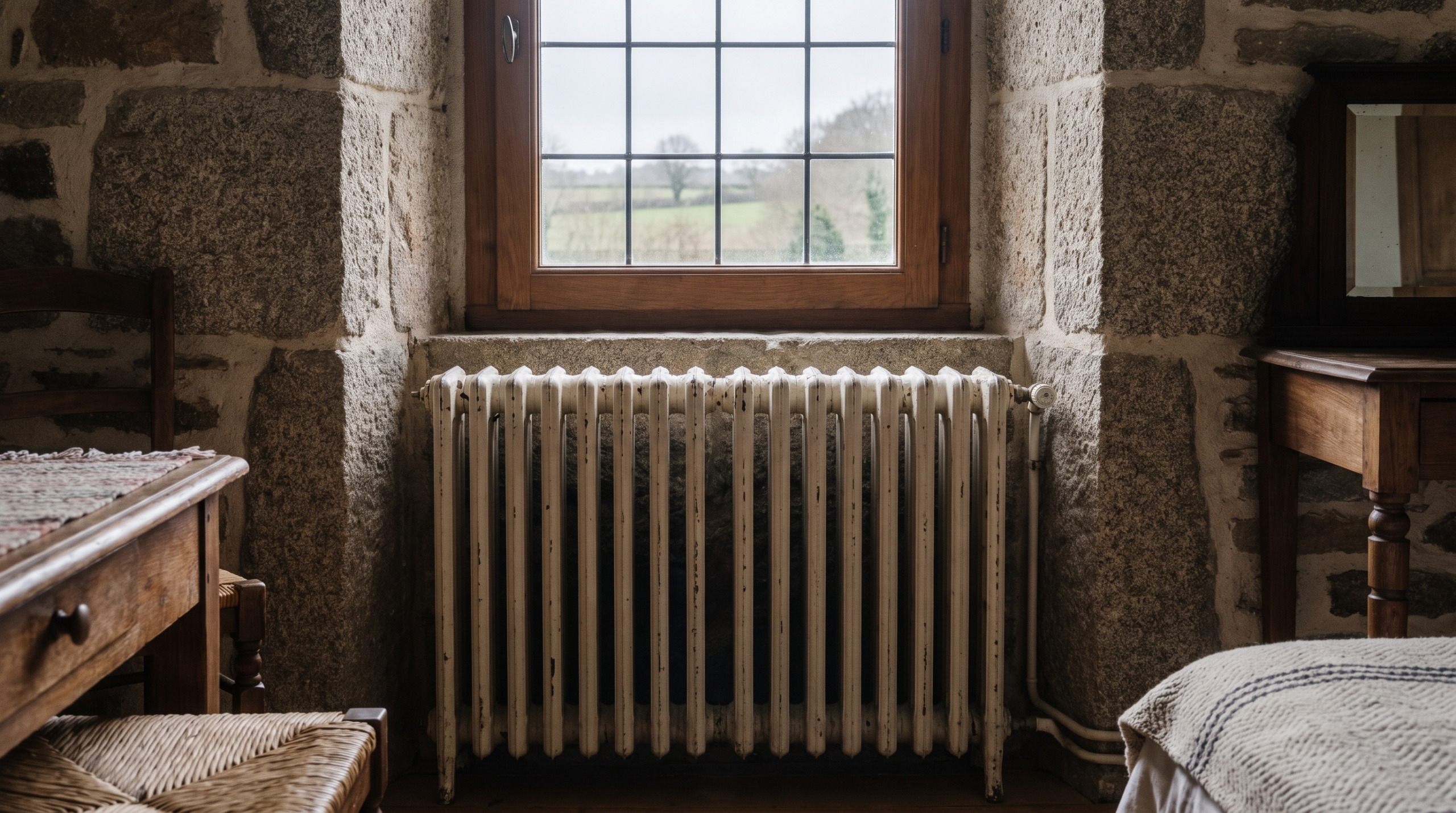 Radiateur en fonte à colonnes sous la fenêtre d'un séjour dans une maison en pierre près de Rennes