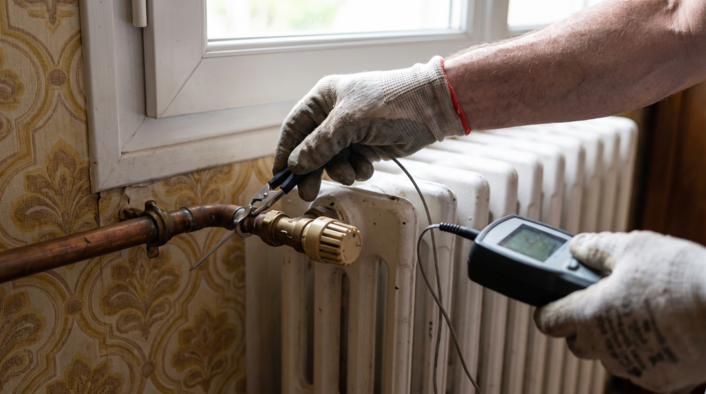 Mains d’un chauffagiste posant une sonde de température sur le tuyau d’alimentation d’un radiateur