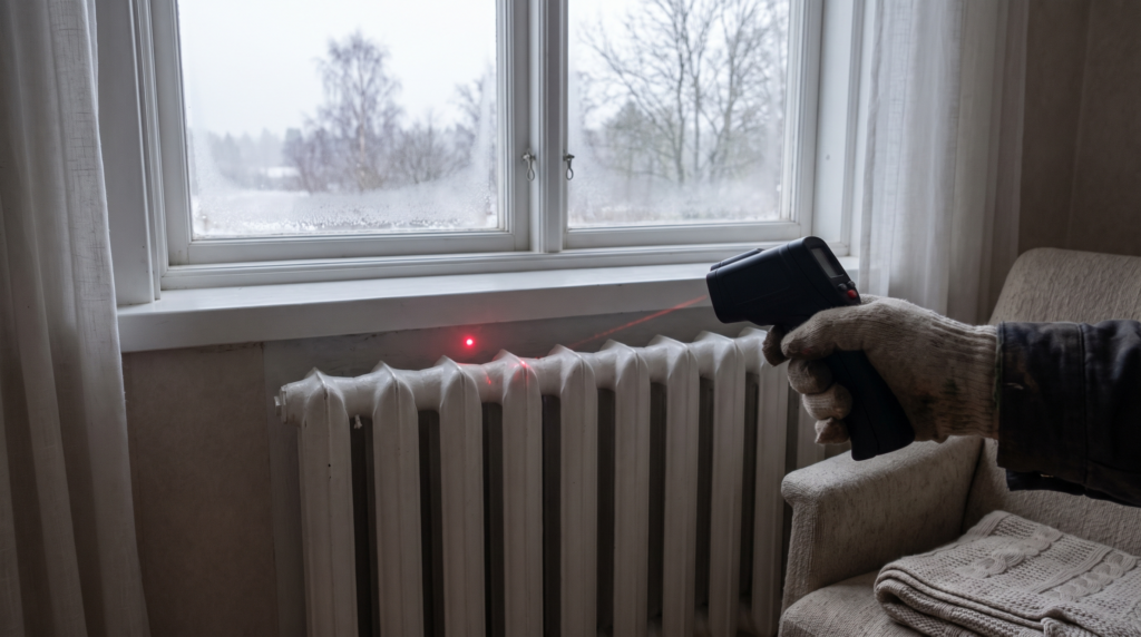 Chauffagiste mesurant la température d’un radiateur au thermomètre infrarouge pour diagnostiquer une pompe à chaleur qui consomme trop