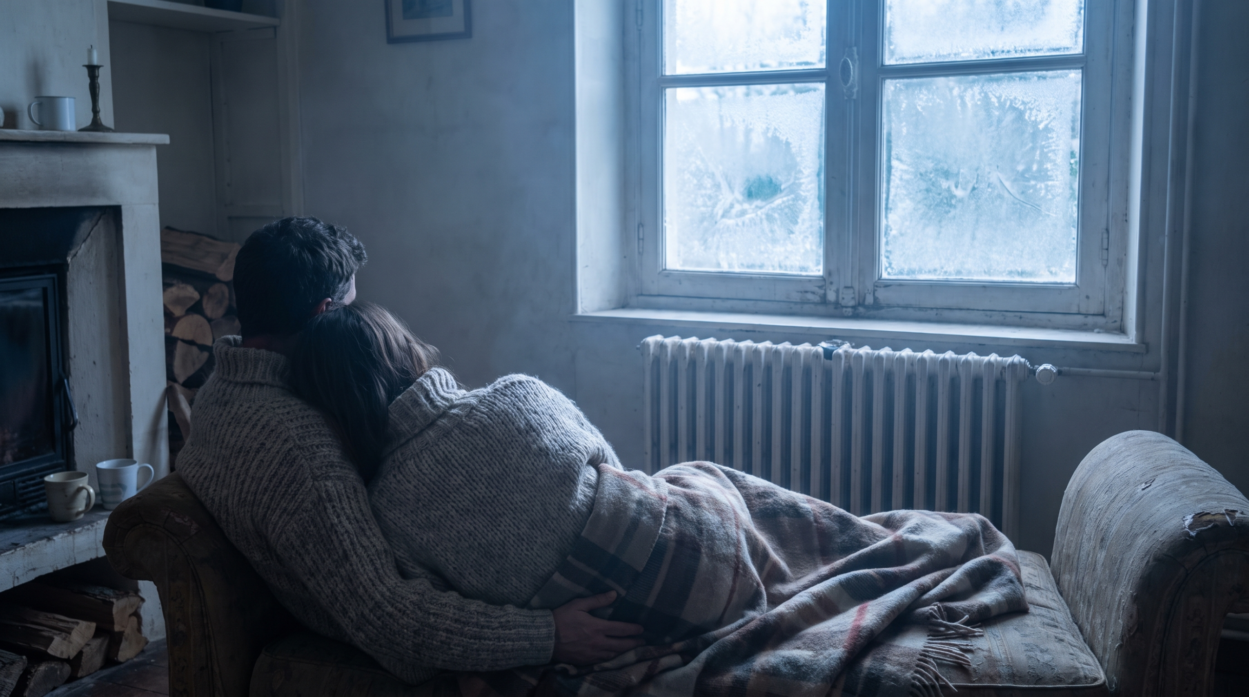 Couple en pull sous une couverture dans un salon mal chauffé un matin de gel, signe d'une pompe à chaleur sous-dimensionnée