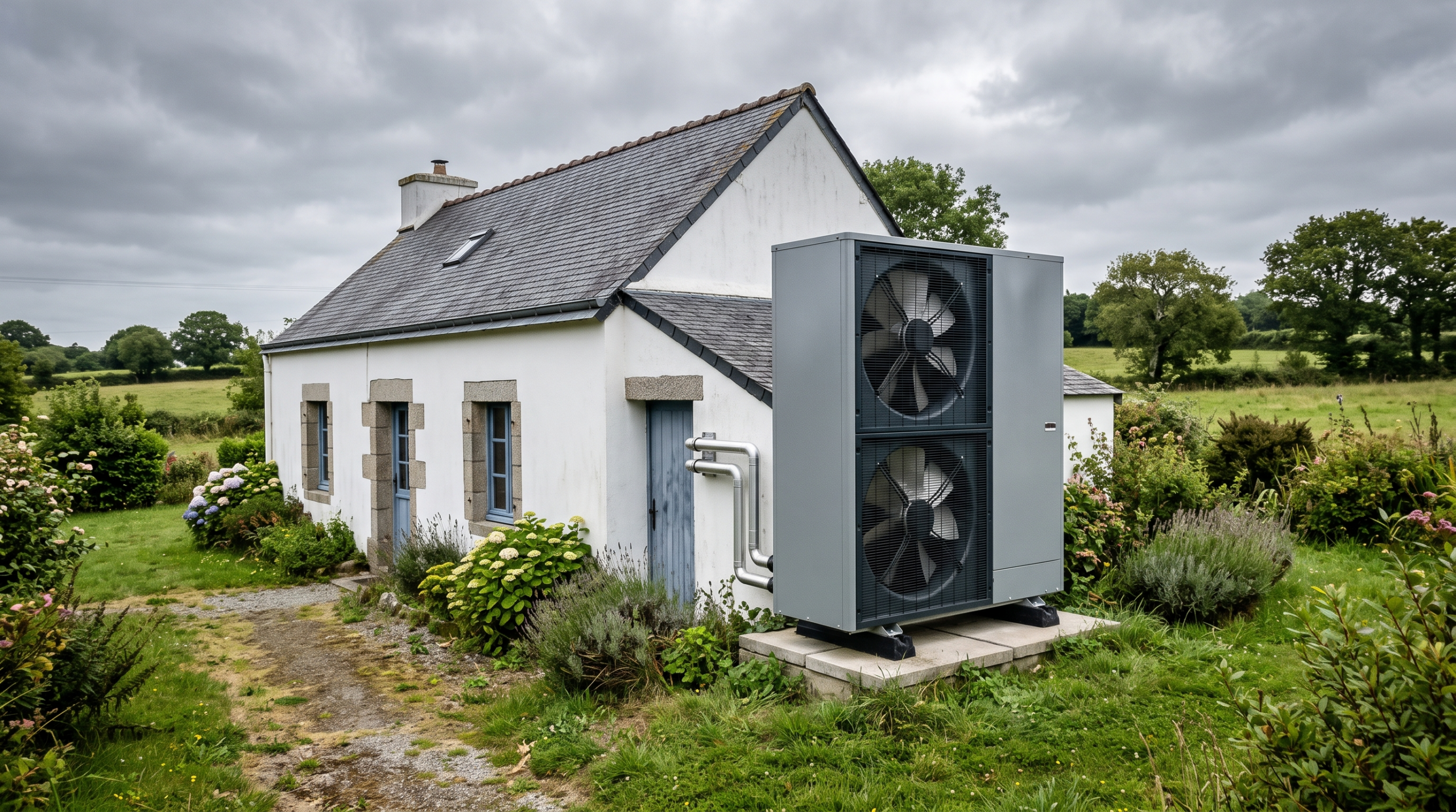 Grosse unité extérieure de pompe à chaleur à double ventilateur installée à côté d'une petite maison bretonne, visiblement surdimensionnée