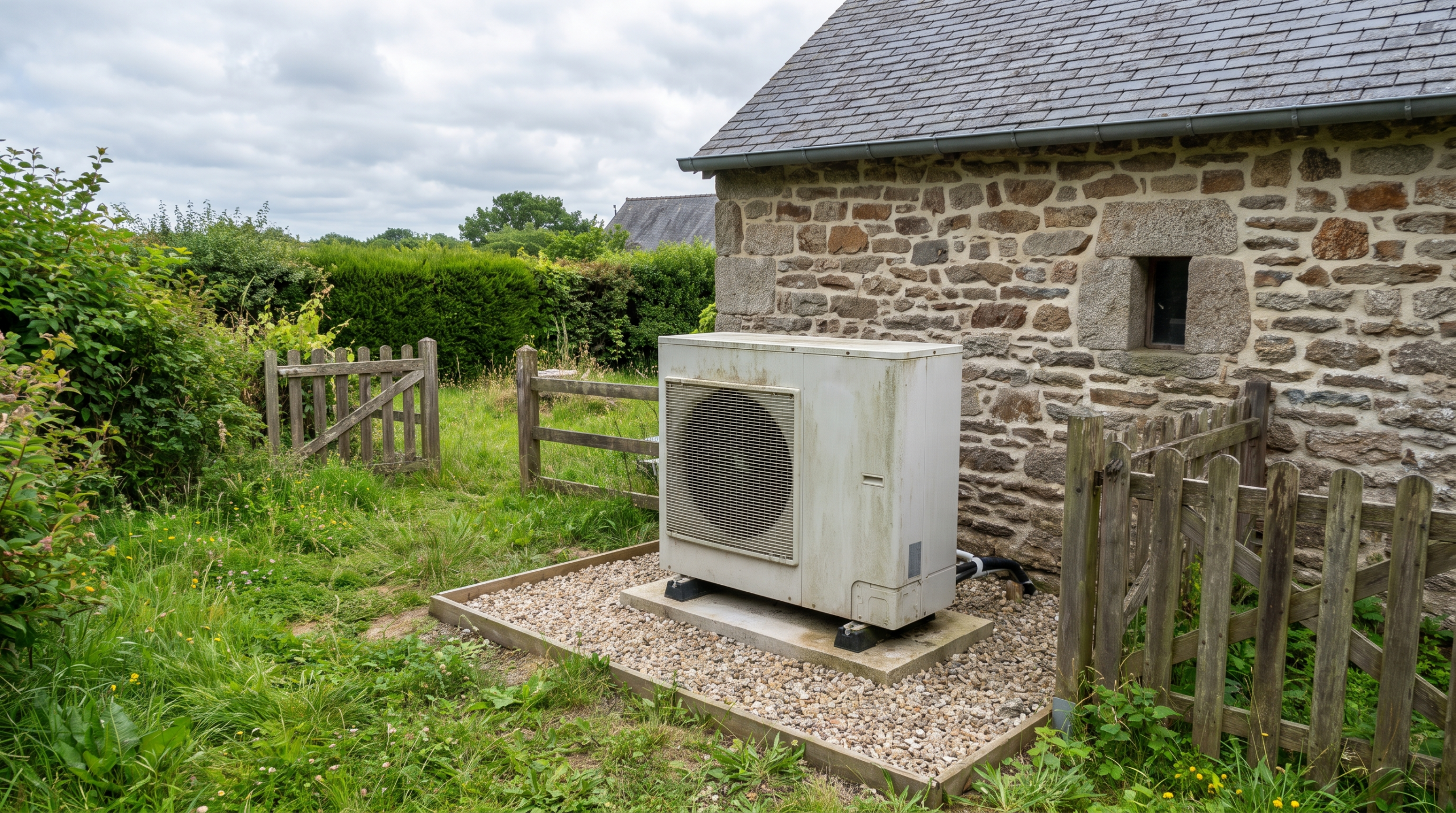Unité extérieure de pompe à chaleur air/eau posée sur une dalle béton le long d'une maison en pierre bretonne