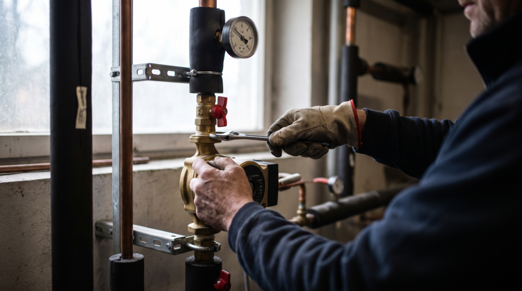 Mains d’un chauffagiste réglant le circulateur et une vanne d’équilibrage sur le circuit hydraulique d’une pompe à chaleur