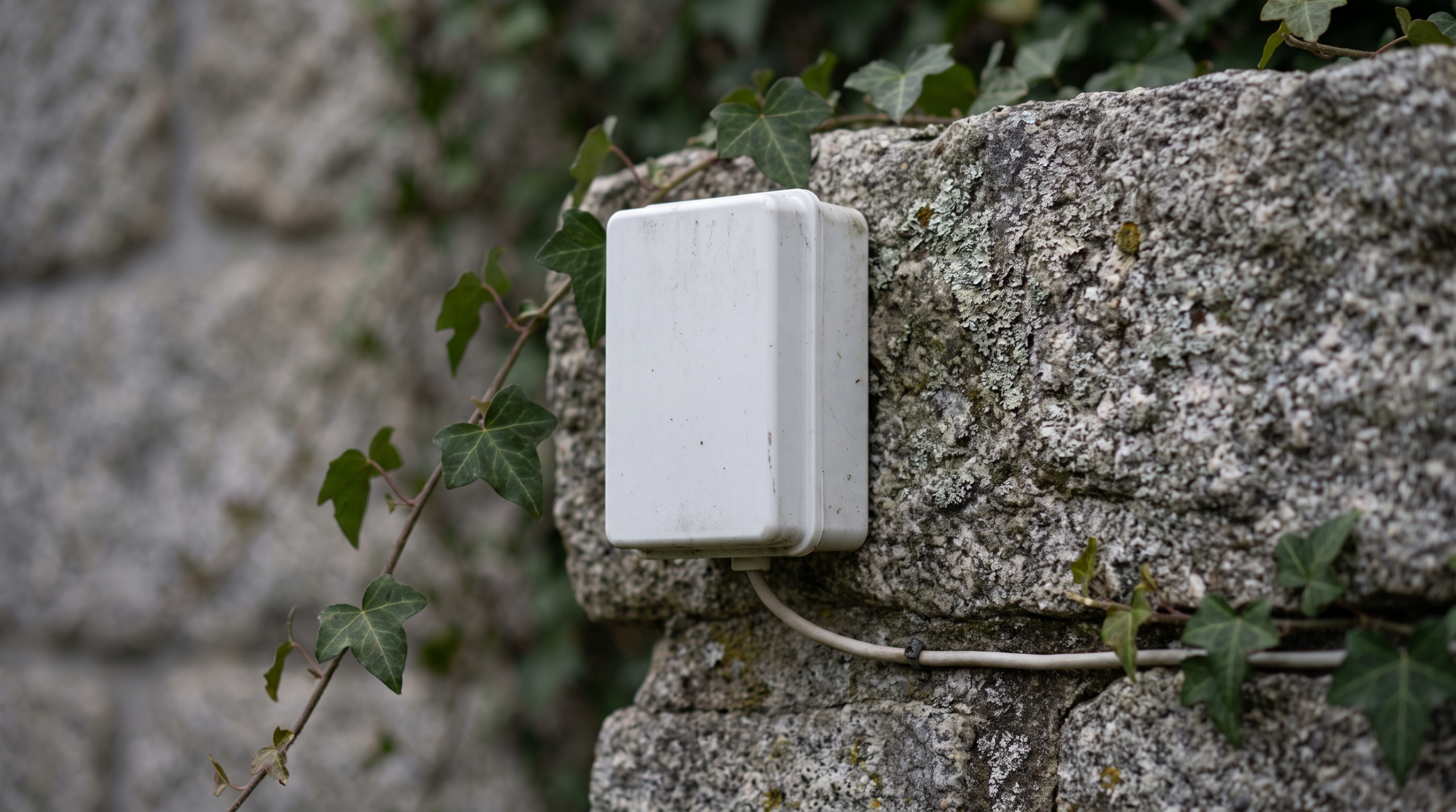Sonde de température extérieure fixée sur la façade nord ombragée d’une maison en pierre bretonne, utilisée par la loi d’eau de la pompe à chaleur