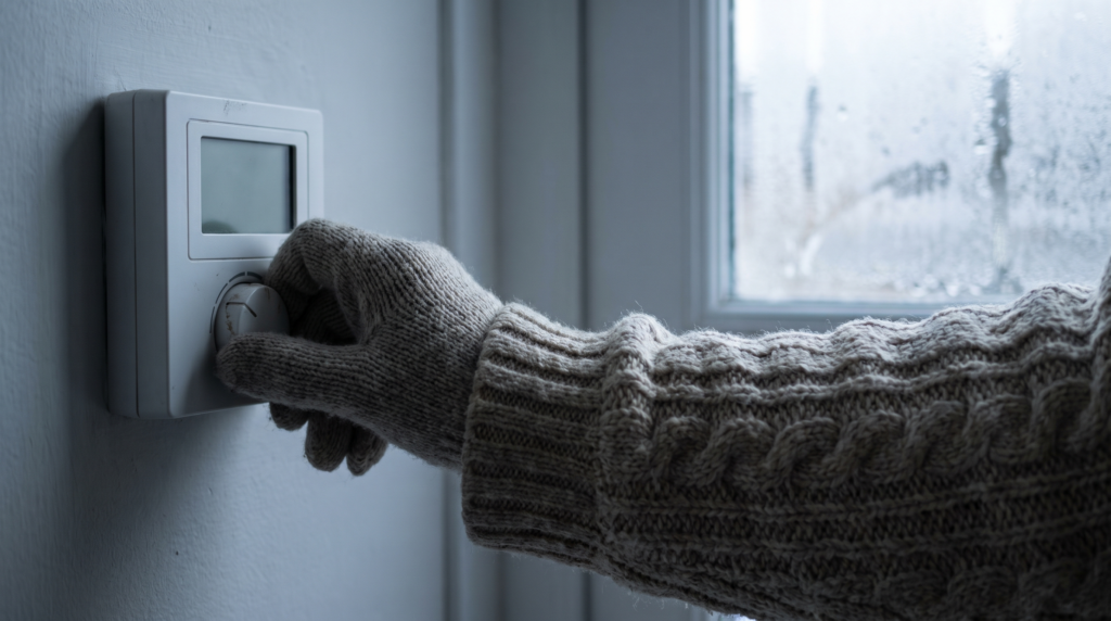 thermostat-consigne-hiver-maison-froide Main en pull de laine montant la consigne d’un thermostat d’ambiance dans une maison froide en hiver