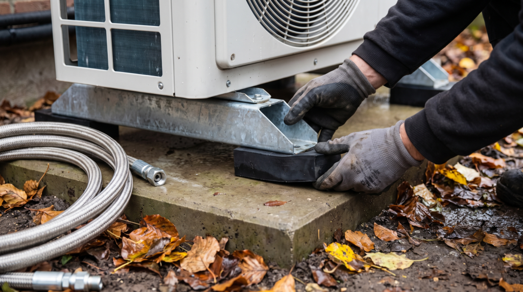 Mains gantées d’un installateur glissant un plot antivibratile en caoutchouc sous le pied d’une unité extérieure de pompe à chaleur posée sur une dalle