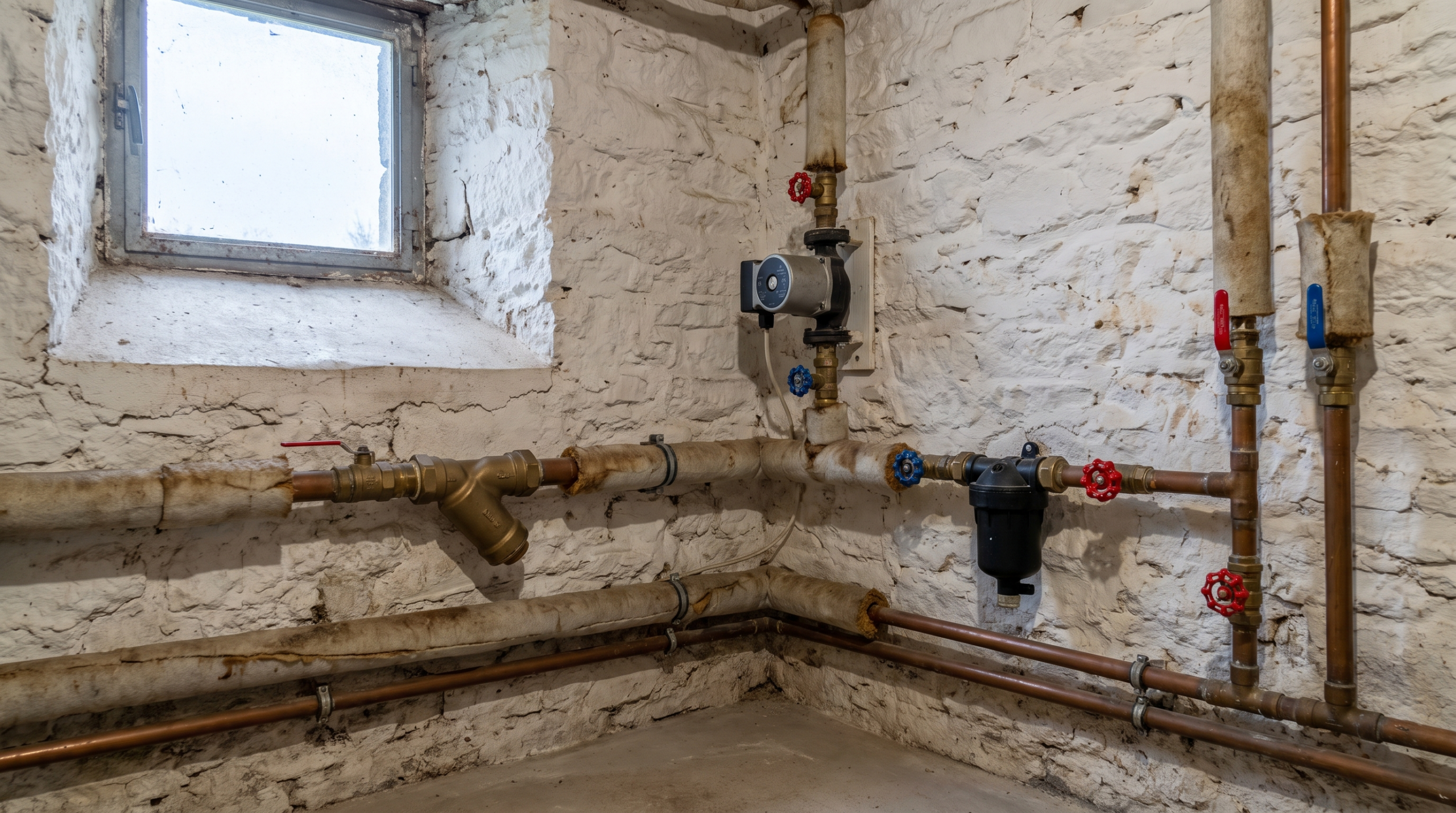 Tuyaux de départ et de retour isolés, circulateur, filtre et vannes d'un réseau de chauffage dans le local technique d'une maison près de Rennes