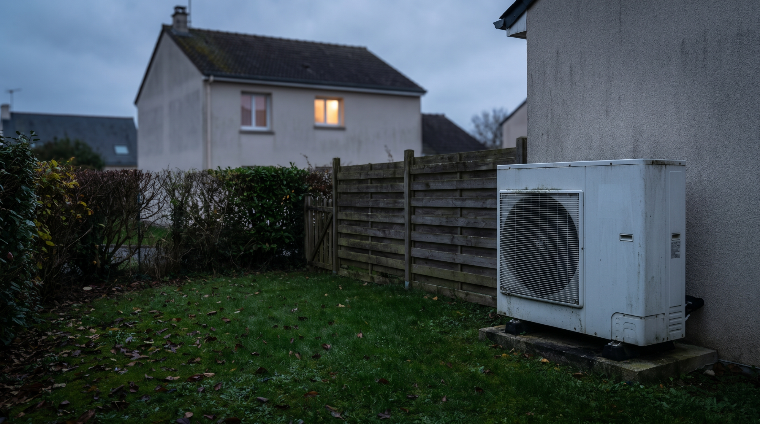 Unité extérieure de pompe à chaleur posée sur une dalle au fond d'un jardin pavillonnaire, près d'une haie qui sépare le terrain voisin, au crépuscule