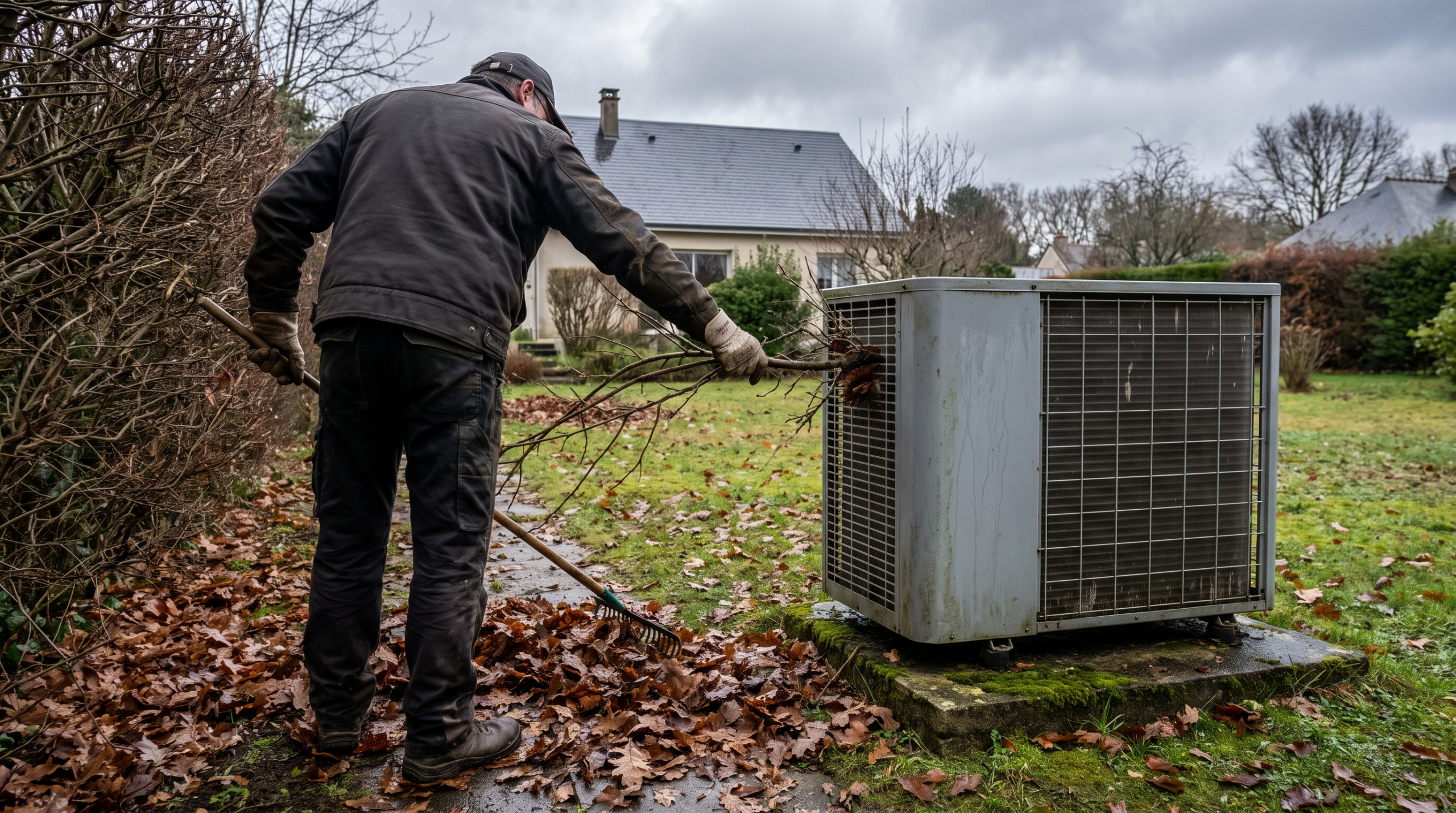 Propriétaire ganté retirant des feuilles mortes et une branche de haie autour de l'unité extérieure d'une pompe à chaleur dans un jardin breton