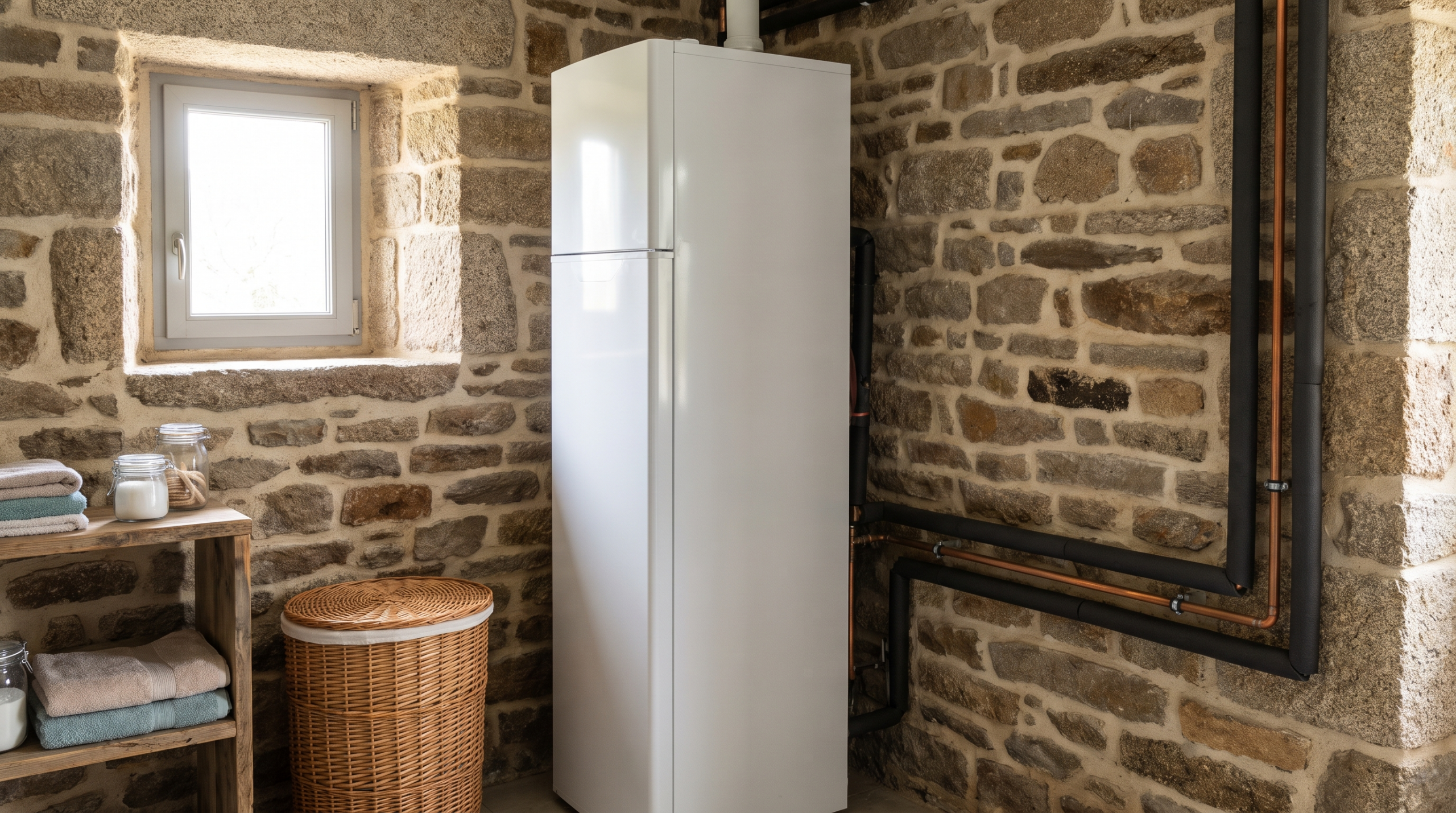 Module intérieur blanc de pompe à chaleur avec ballon d'eau chaude sanitaire intégré dans la buanderie d'une longère bretonne en pierre