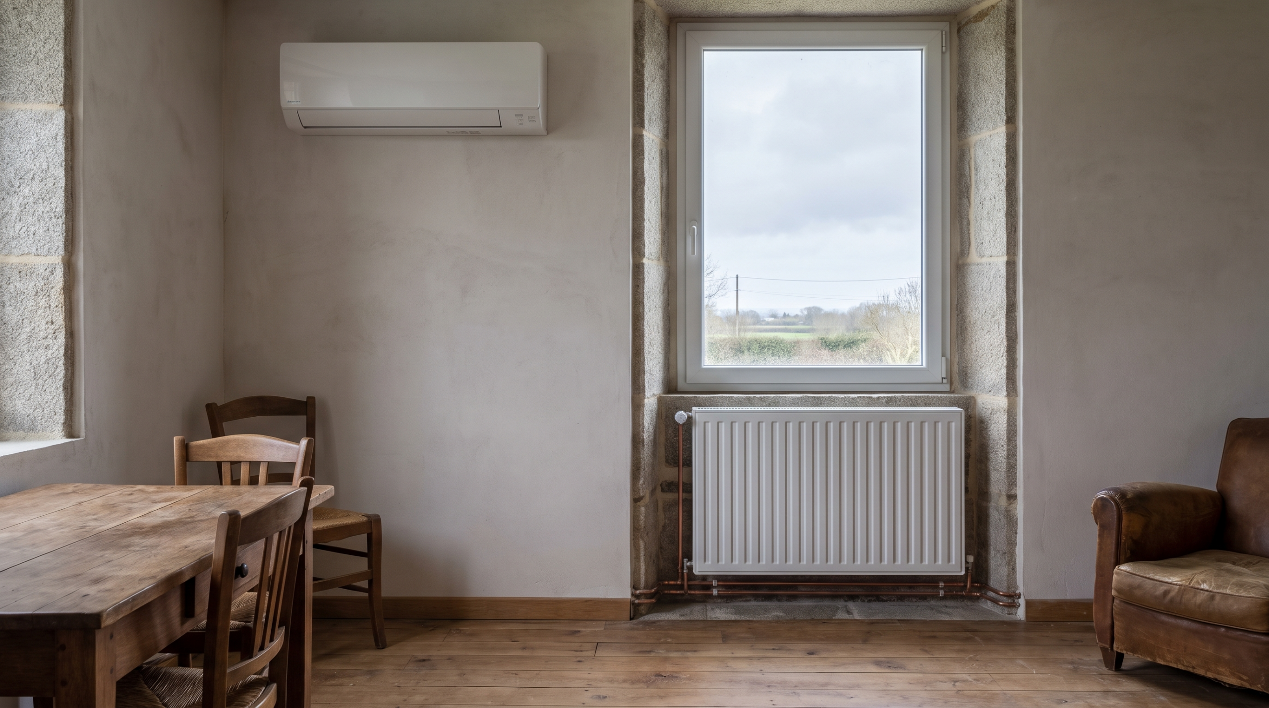 Salon d'une maison bretonne équipé d'un radiateur à eau sous la fenêtre et d'une unité intérieure murale de climatisation réversible