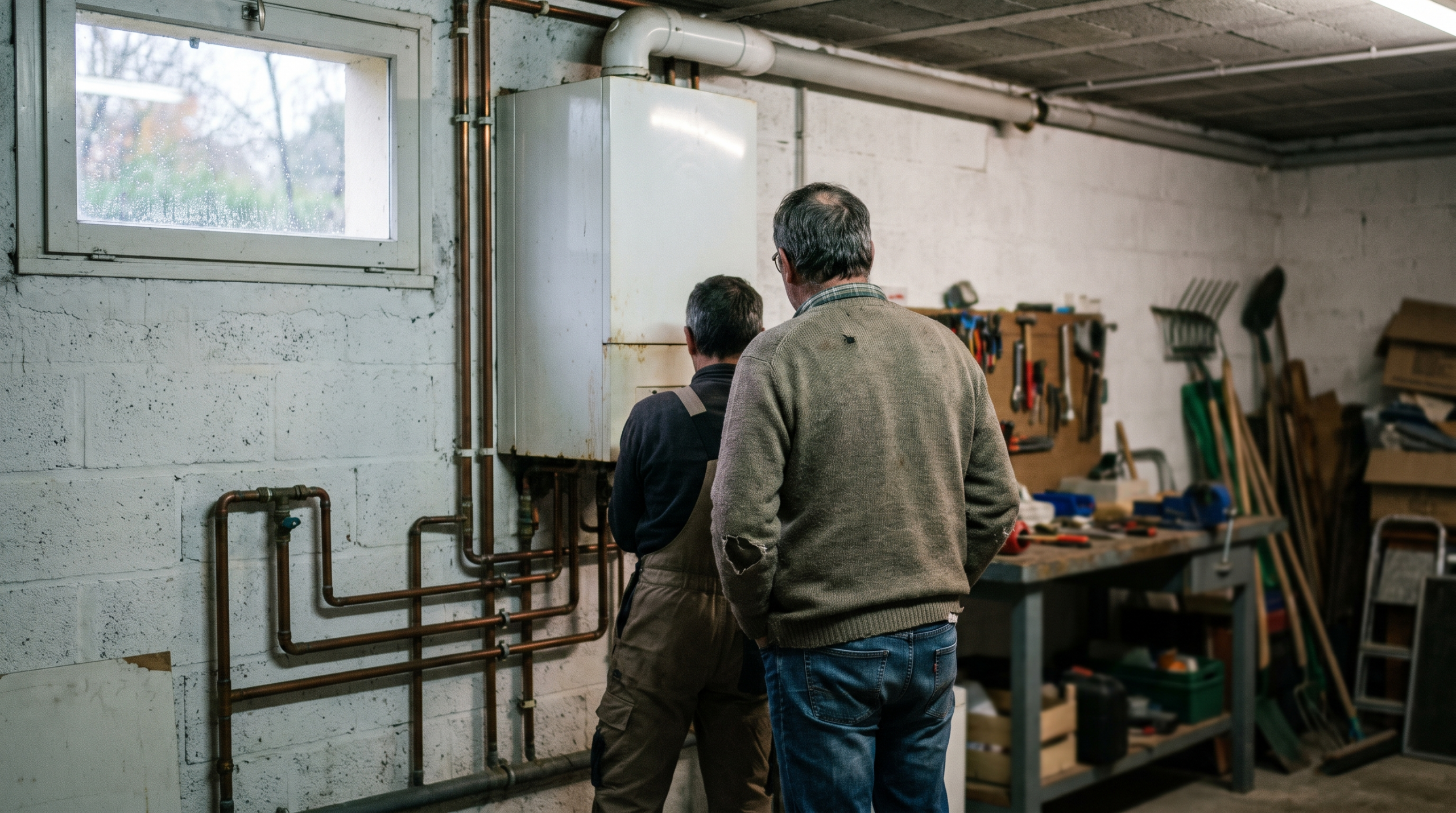 Chauffagiste et propriétaire vus de dos devant une ancienne chaudière gaz murale au sous-sol d’un pavillon près de Rennes