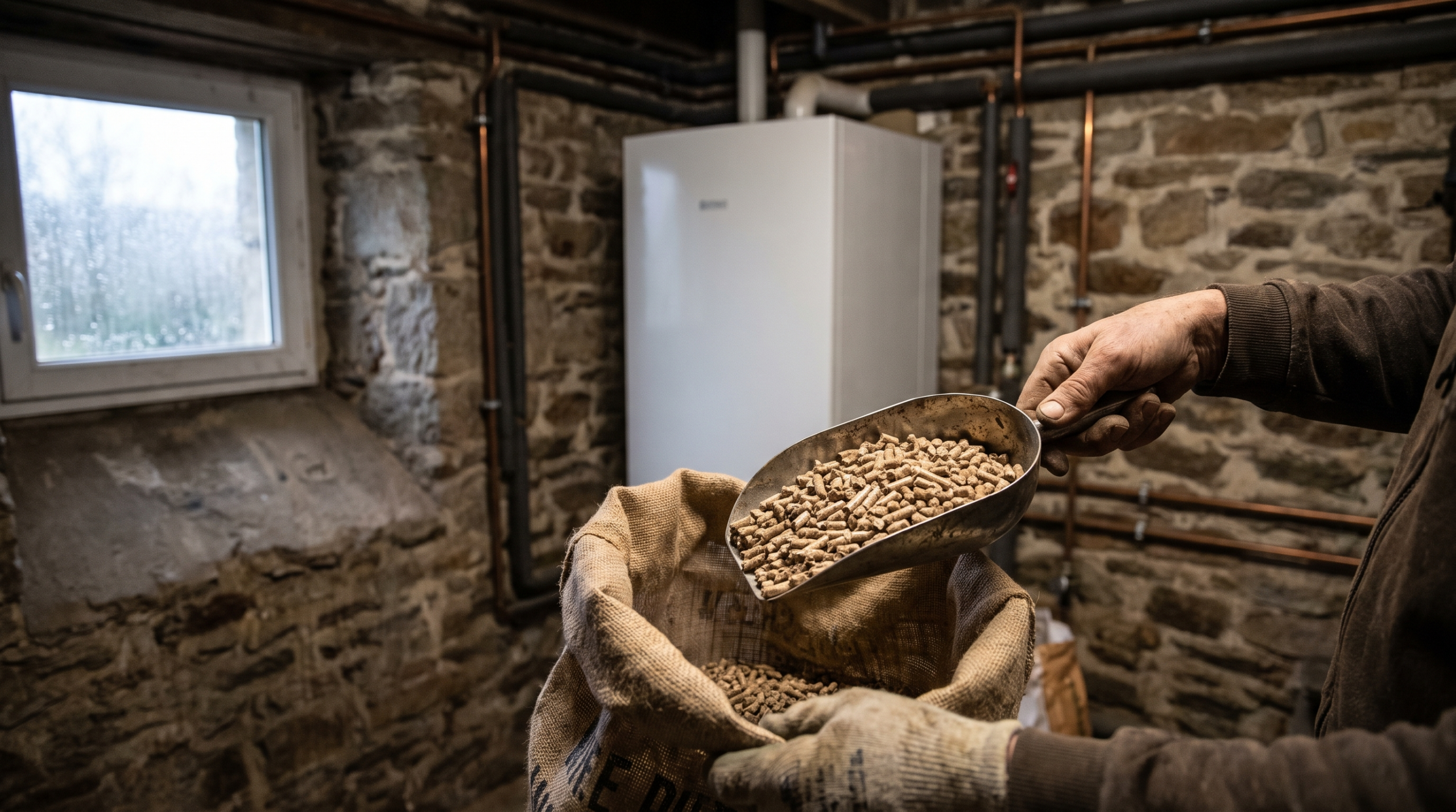 Mains tenant une pelle de granulés de bois au-dessus d'un sac, avec un module intérieur de pompe à chaleur en arrière-plan