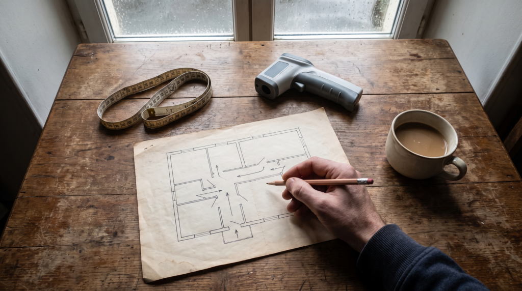 etude-thermique-plan-maison-visite Plan de maison esquissé au crayon sur une table de cuisine, avec mètre ruban et thermomètre infrarouge, lors d’une visite technique