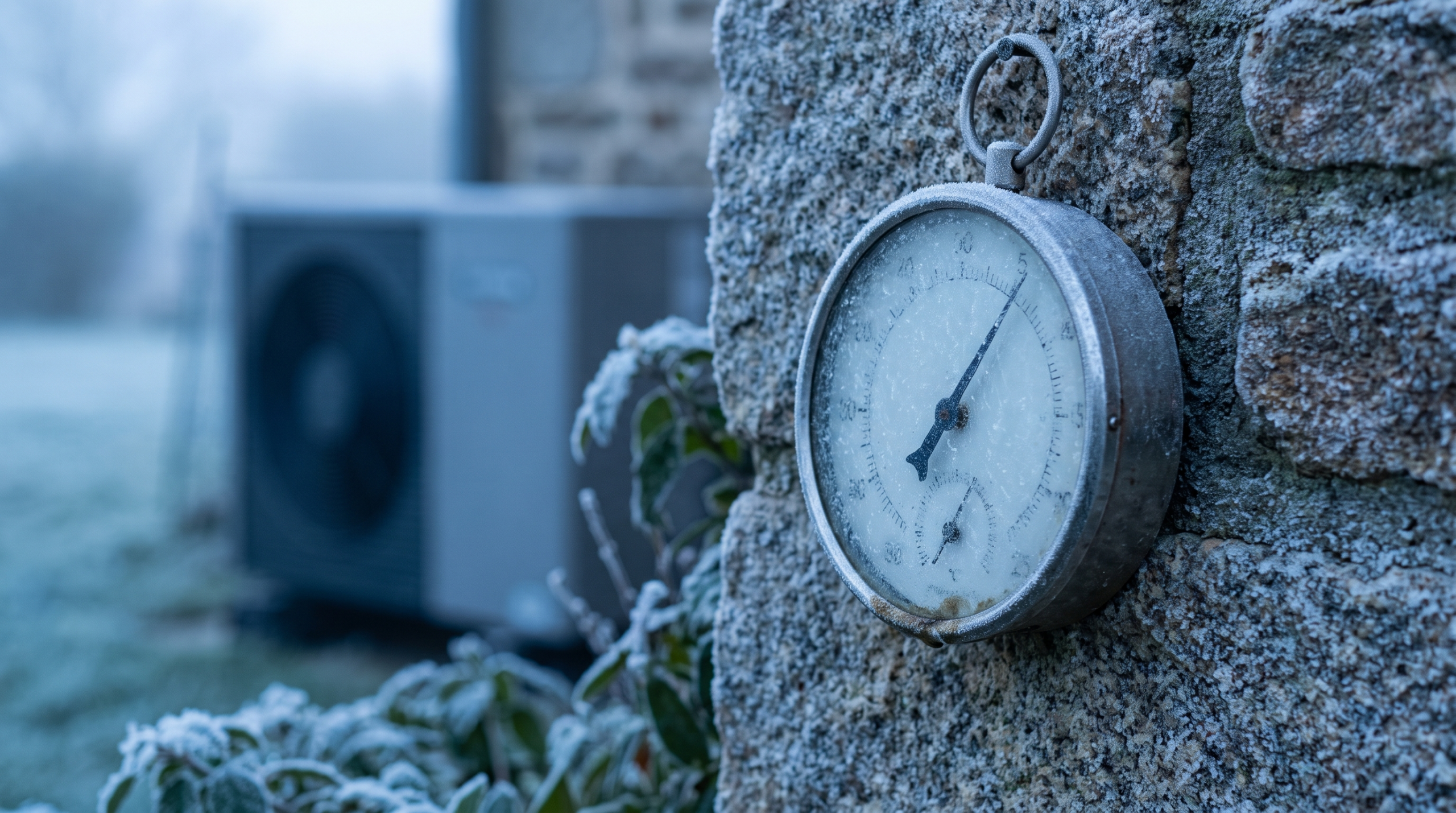 Thermomètre extérieur givré sous zéro devant une pompe à chaleur par un matin de gel en Bretagne