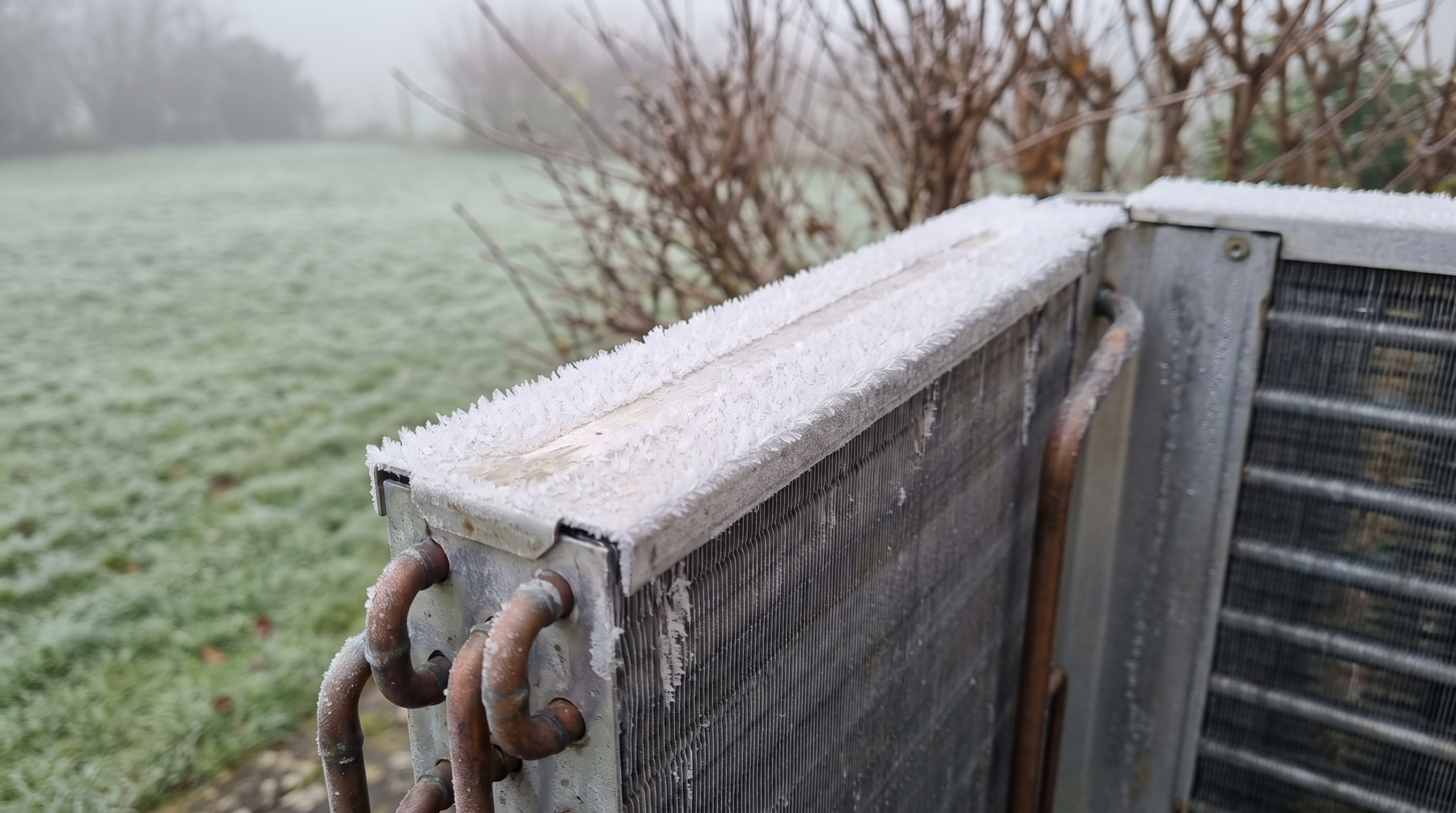 Gros plan sur les ailettes d'un échangeur de pompe à chaleur couvertes de givre blanc par un matin d'hiver humide