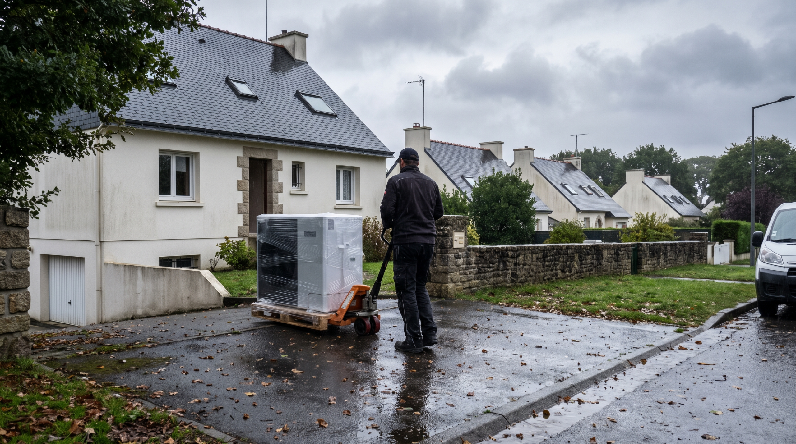Installateur de dos acheminant une pompe à chaleur emballée sur un transpalette dans l’allée d’un pavillon breton des années 70