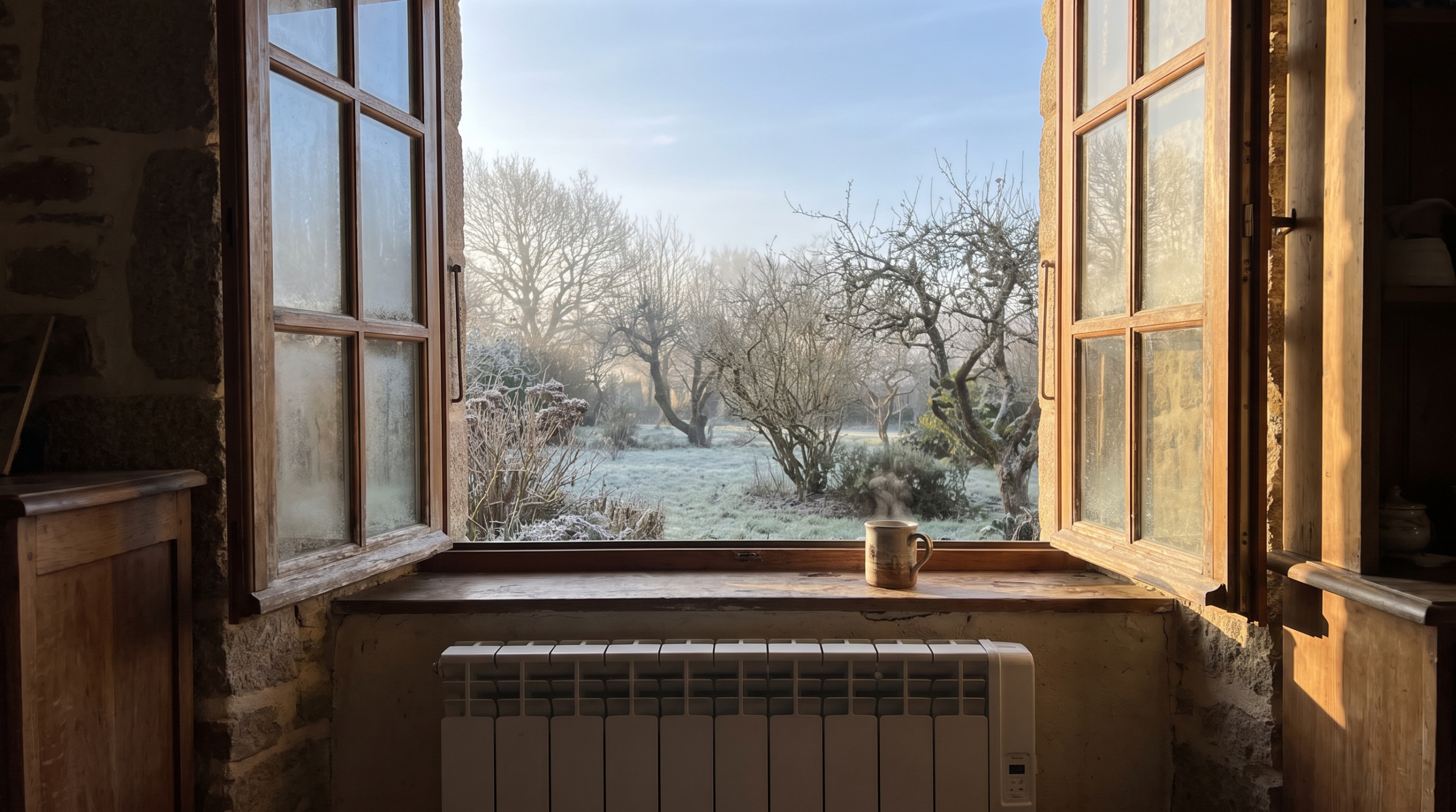 Radiateur blanc sous une fenêtre donnant sur un jardin couvert de givre, un matin d'hiver en Bretagne