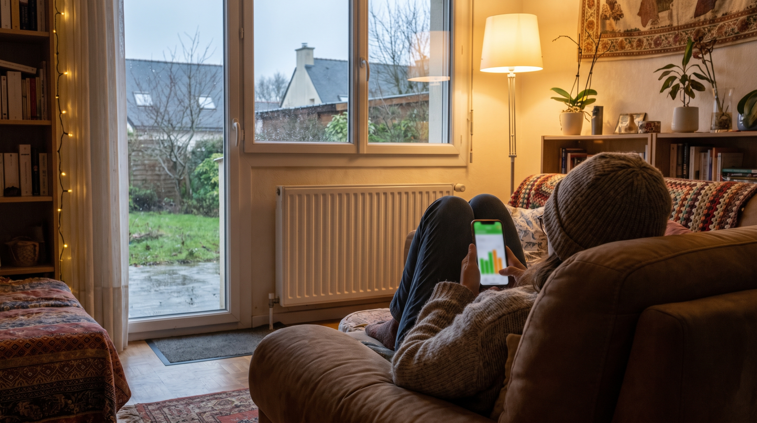 Propriétaire suivant la consommation électrique de sa pompe à chaleur sur son téléphone dans son salon