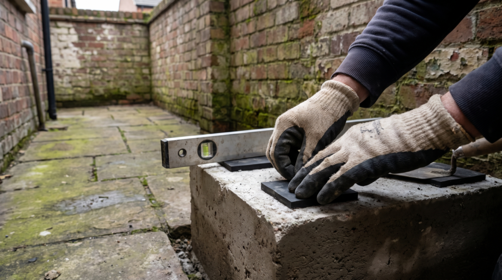 Mains gantées posant des plots antivibratiles sur un petit socle en béton dans une cour pavée de maison de ville