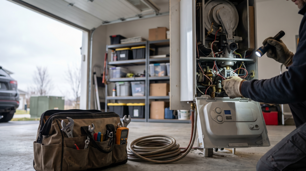 Mains d’un chauffagiste inspectant l’intérieur d’une chaudière gaz à condensation murale dans un garage