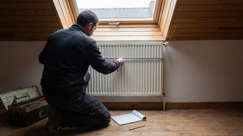 releve-radiateur-chambre-sous-combles Technicien de dos mesurant un ancien radiateur en acier sous la fenêtre de toit d'une chambre aménagée dans les combles
