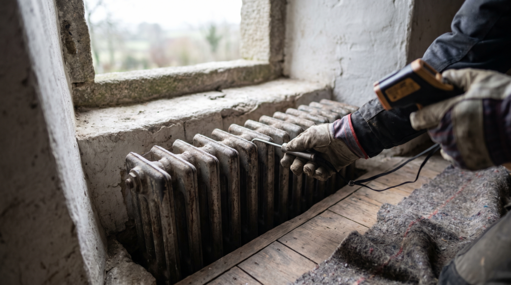Main gantée d'un chauffagiste appliquant une sonde de température sur un radiateur ancien, sous une fenêtre percée dans un mur en pierre épais