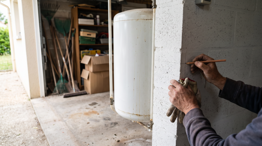 repere-garage-emplacement-ballon-pavillon Mains d'un technicien traçant un repère au crayon à côté d'un ancien chauffe-eau électrique, dans le garage accolé d'un pavillon